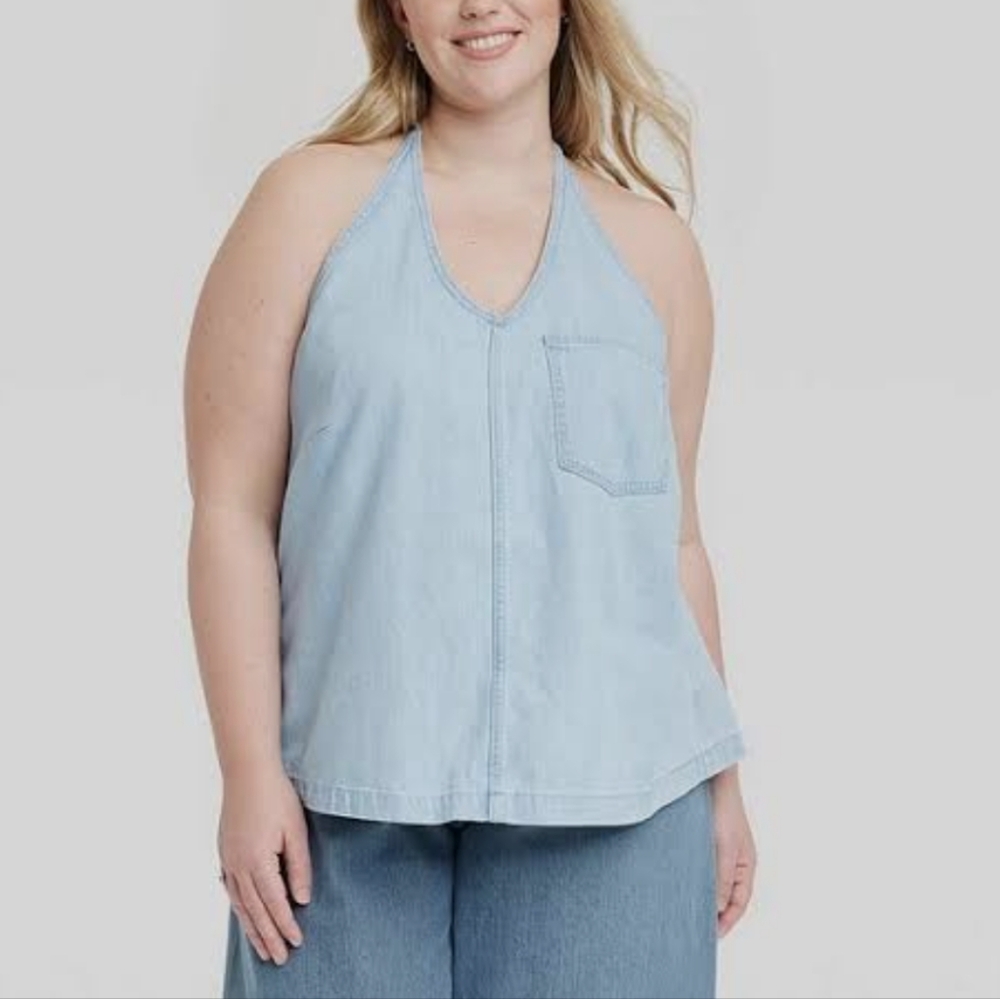 NWT Universal Thread Womens Halter Back-Tie Denim Shirt In Blue Size XXL